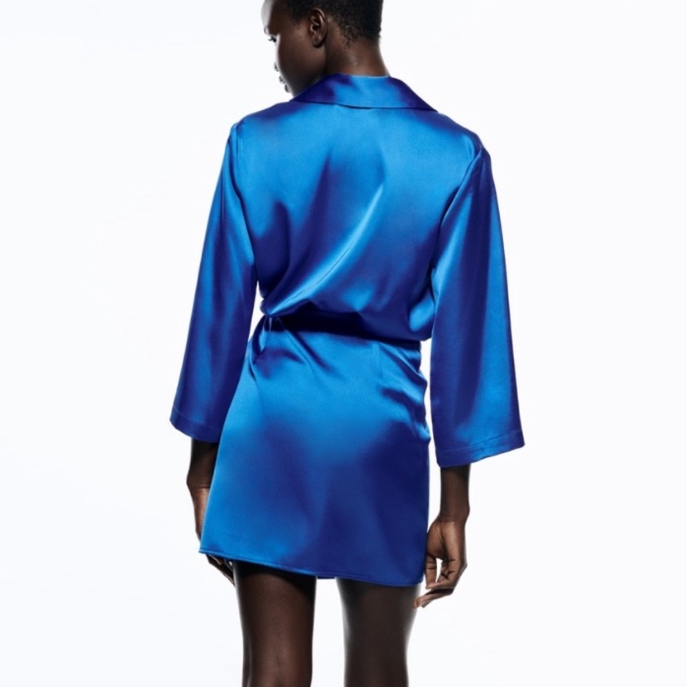 Zara Royal Blue Satin Wrap Mini Dress - Picture 2 of 16